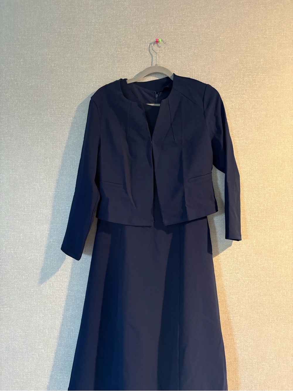 Navy Blue Two-Piece Dress & Jacket Set – Women’s Size Medium